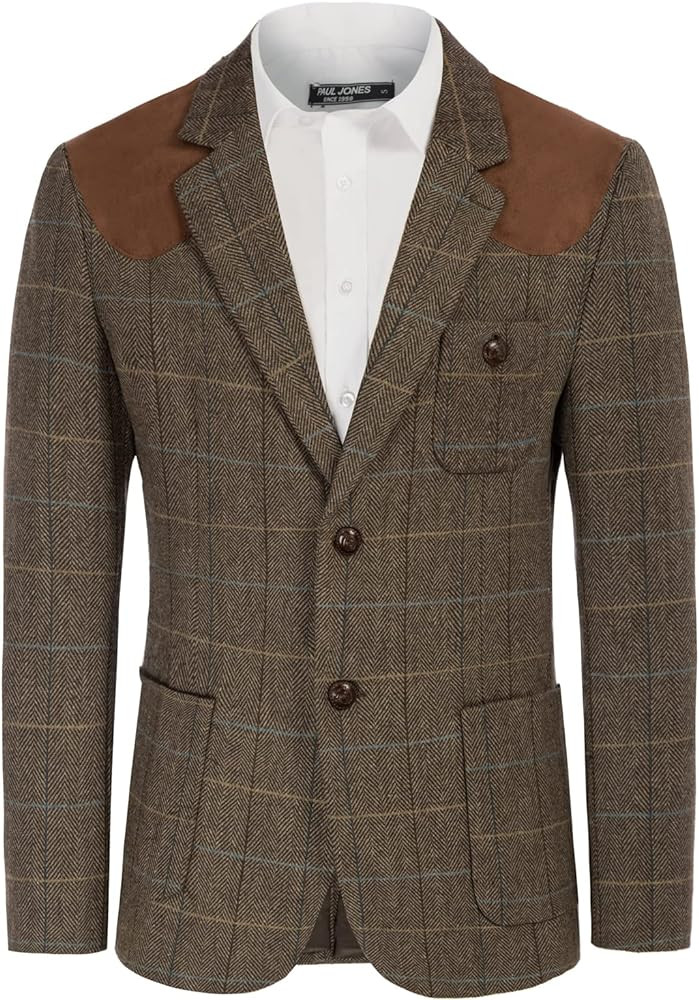 PJ PAUL JONES Men's Blazer Herringbone Tweed Sport Coats Two Button Wool Blend Formal Jacket | Amazon (US)