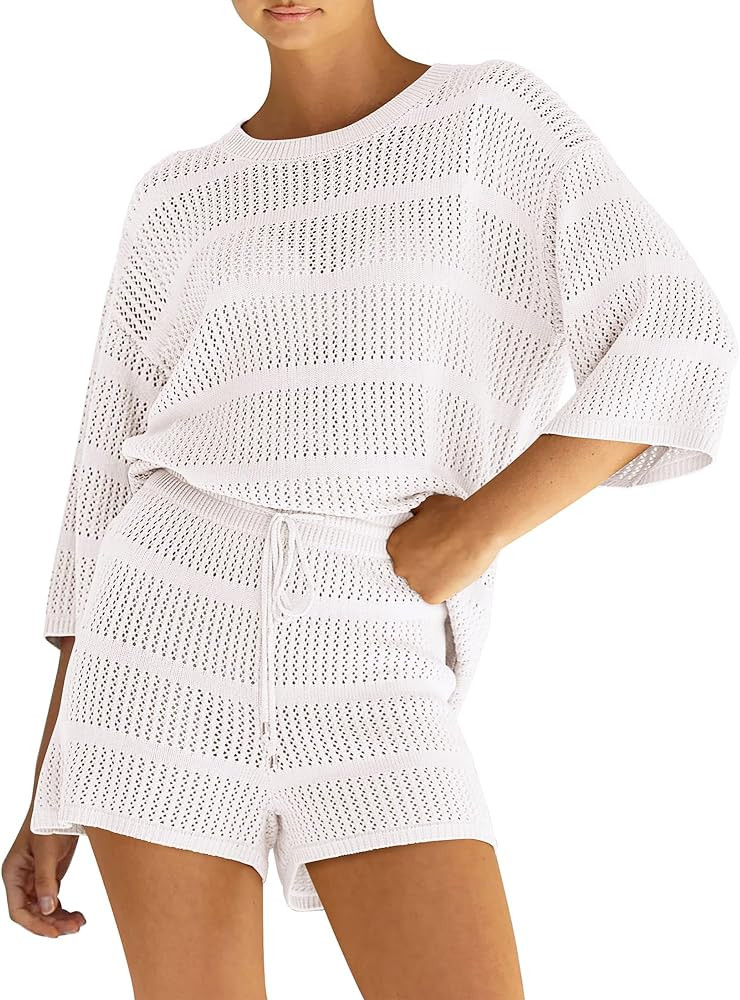 PRETTYGARDEN Womens 2 Piece Coverup Hollow Out Knit Half Sleeve Tops Shorts Swimsuit | Amazon (US)