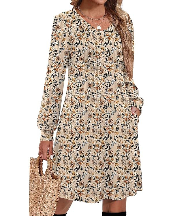 Zeagoo Fall Dresses for Women Long Sleeve Casual Pleated V Neck Dress 2025 A Line Tunic Dress | Amazon (US)