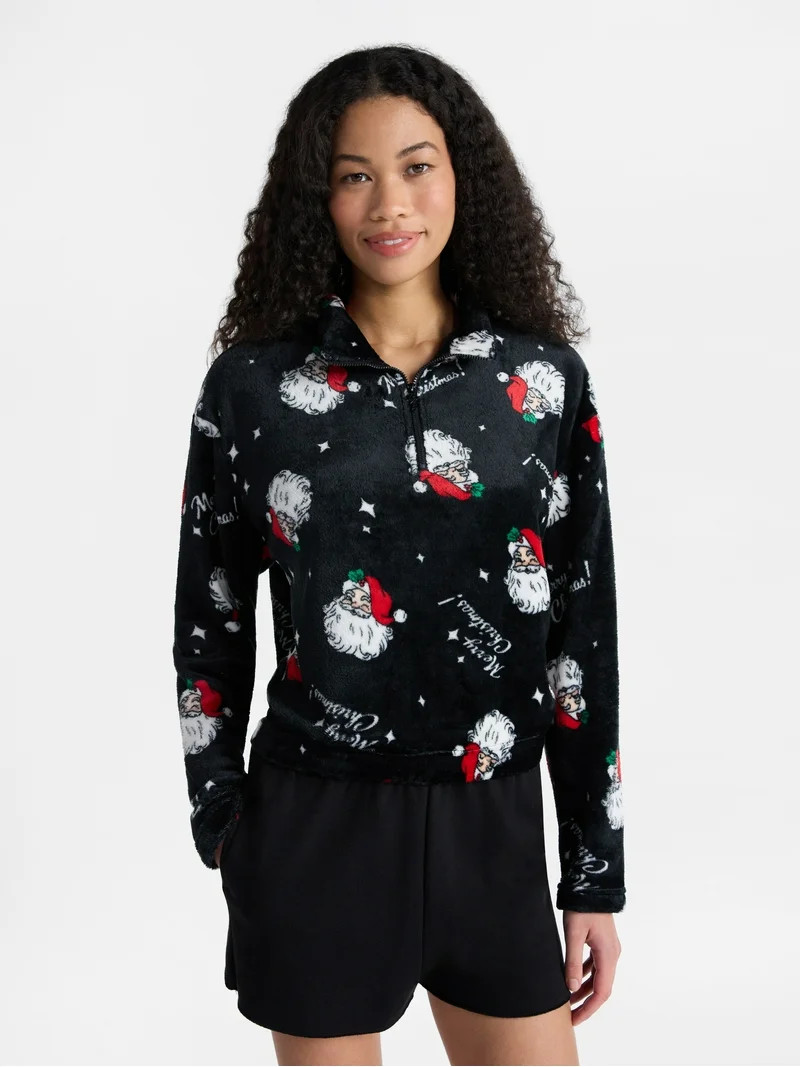 No Boundaries 1/4 Zip Mock Neck Plush Top with Long Sleeves, Women's | Walmart (US)
