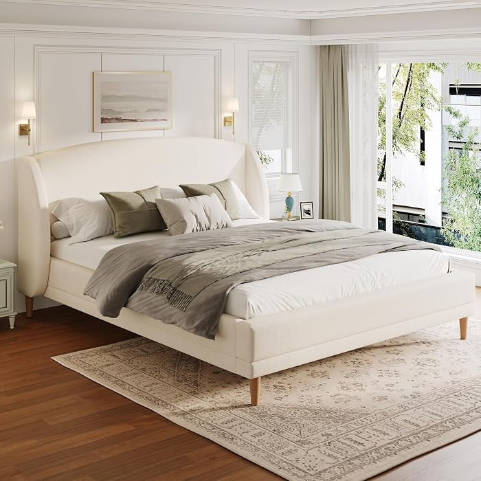 Merax King Size Upholstered Platform Bed, Boucle Fabric and Wingback Headboard, Rounded Corners, ... | Amazon (US)