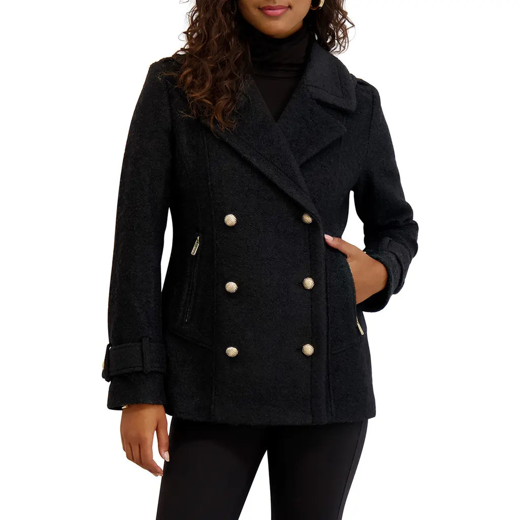 Kensie Bouclé Peacoat in Black at Nordstrom, Size Small | Nordstrom