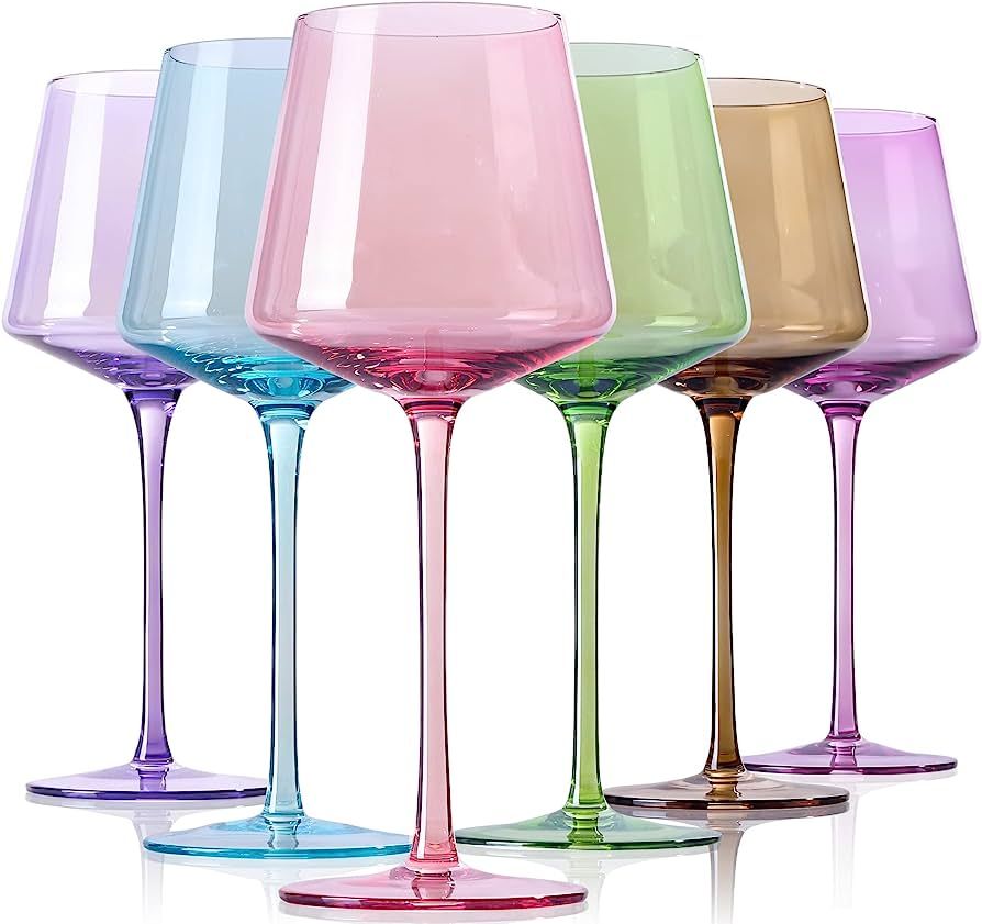 Colored Wine Glasses Set Of 6 - Modern Colorful Wine Glasses With Tall Long Stem and Flat Bottom,... | Amazon (US)