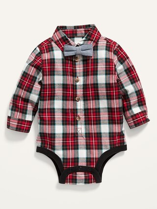 Unisex Long-Sleeve Plaid Poplin Bodysuit and Bow-Tie for Baby | Old Navy (US)