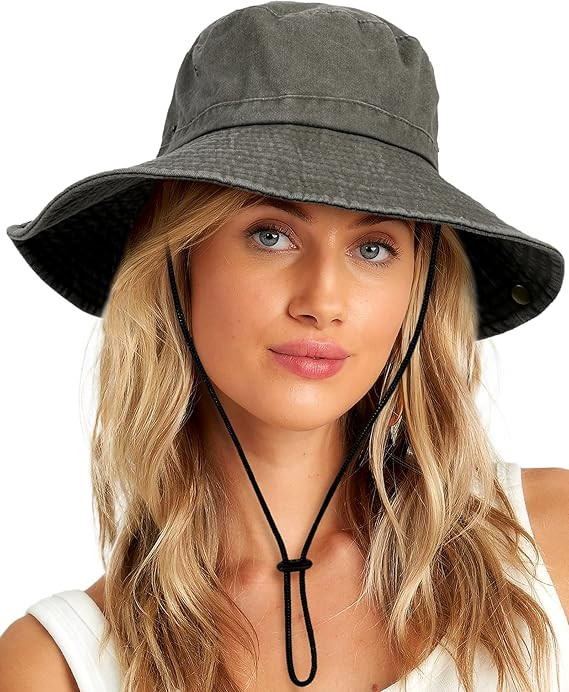Wide Brim Bucket Sun Hat Packable Cotton Washed UPF 50 Beach Hat for Women Men with Strings Cowbo... | Amazon (US)