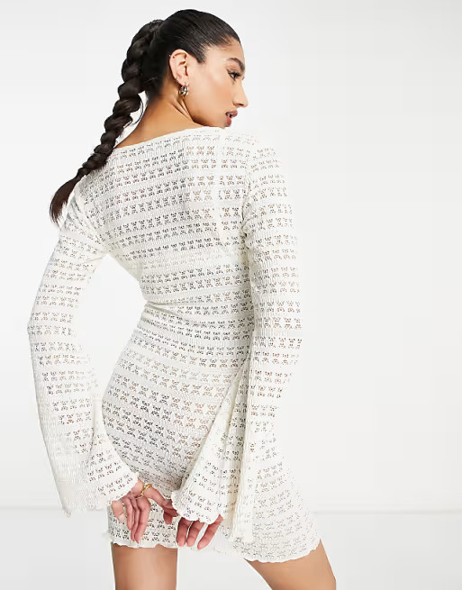 ASOS DESIGN crochet long sleeve tie front mini dress in cream | ASOS (Global)