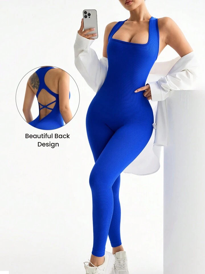 SHEIN Sport Studio Women's Sexy Cross-Back Backless Sports Jumpsuit | SHEIN