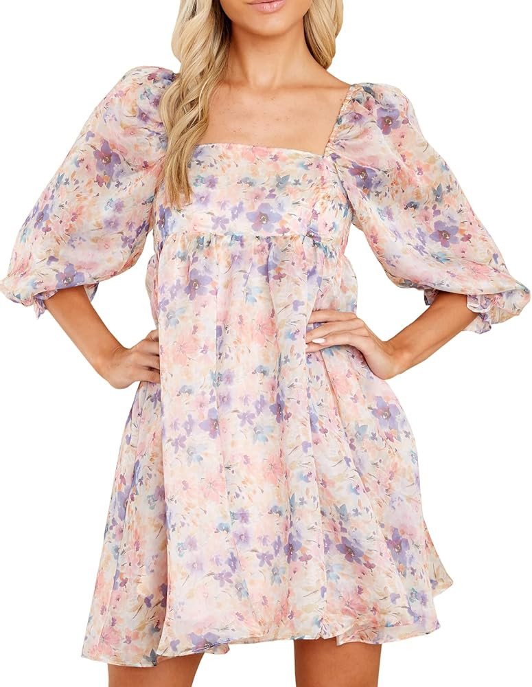 Womens Puff Sleeve Floral Print Dress Babydoll Square Neck A Line High Waist Ruched Summer Mini D... | Amazon (US)