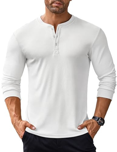 COOFANDY Mens Henley Long Sleeve Ribbed T-Shirts Fashion Casual Basic Tops with Button White | Amazon (US)