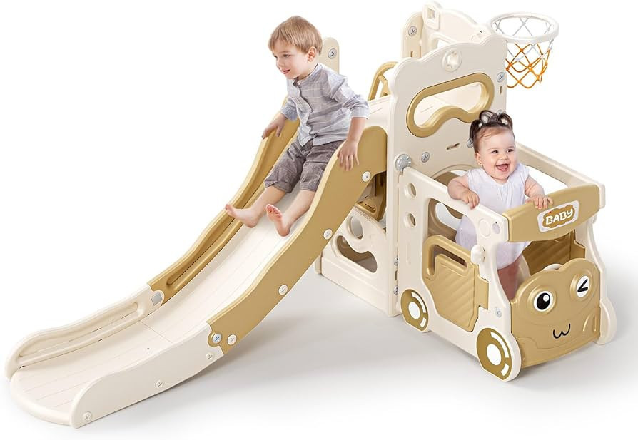 Toddler Slide Set, 5 in 1 Kids Slide for Toddlers Age 1-3 Bus Themed Toddler Playset with Basketb... | Amazon (US)