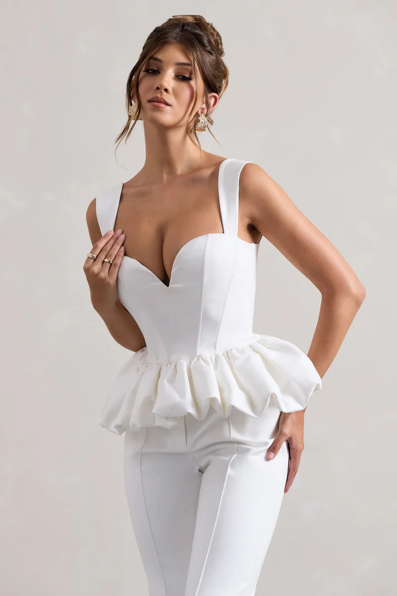 Jadia  White Sweetheart Corset Top With Puff Hem | Club L London