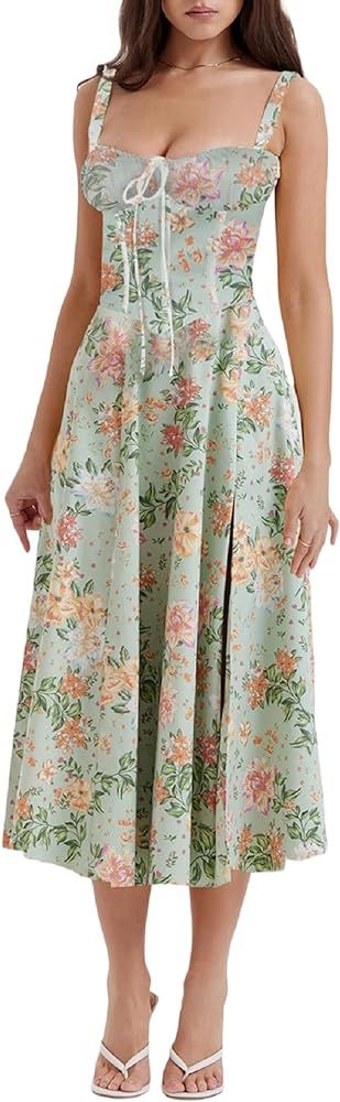 Women Y2k Square Neck Bustier Long Dress Floral Low Cut Spaghetti Strap Midi Dress Sleeveless Goi... | Amazon (US)
