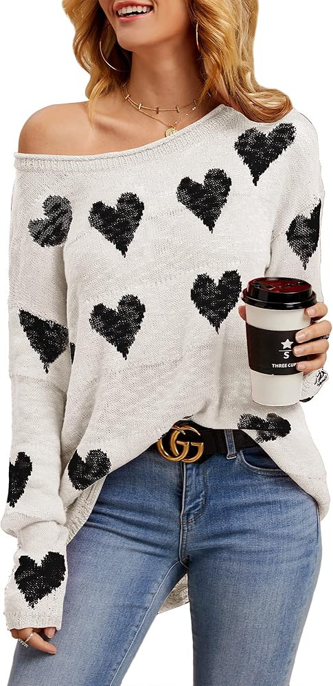 Tutorutor Womens Cute Love Heart Print Sweaters Oversized Off The Shoulder Loose Knitted Valentin... | Amazon (US)