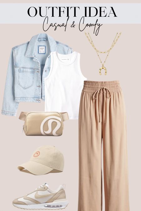 Outfit idea - casual and comfy. 

Crop denim jacket - white tank - wide leg draw string pants - lululemon belt bag - baseball hat - layering necklace - gold necklace - Nike sneakers

#LTKstyletip #LTKshoecrush #LTKunder50