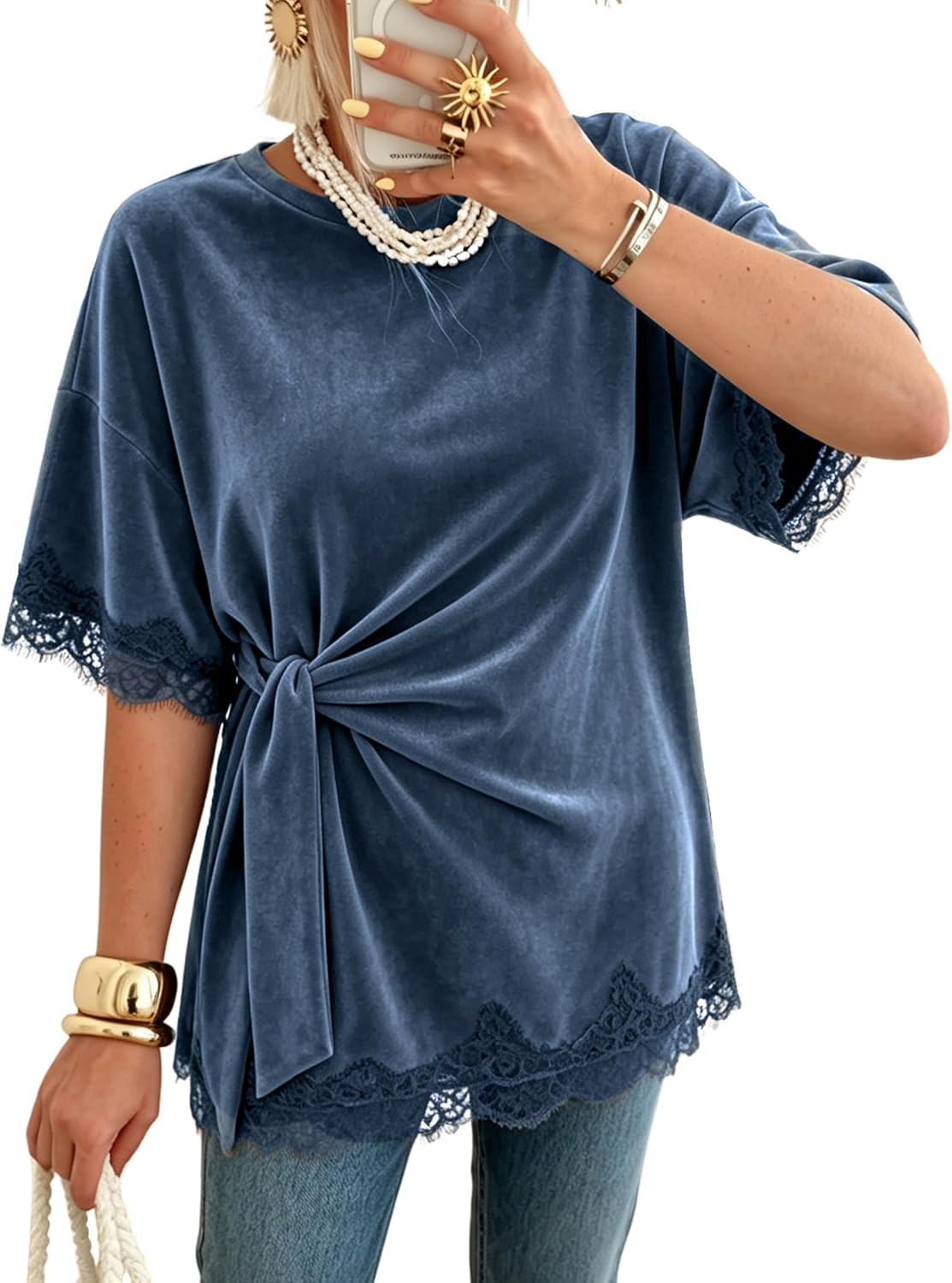 Womens Velvet Lace Trim Tops Side Tie Waist Short Sleeve Tunics | Amazon (US)