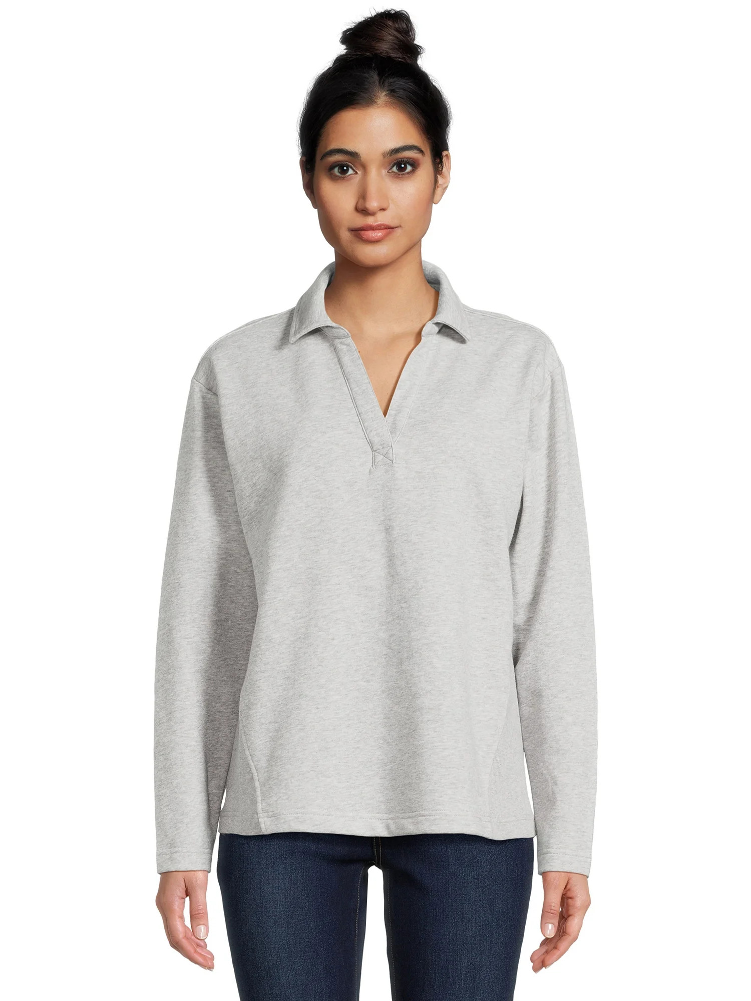 Time and Tru Women's Split Neck Long Sleeve Collared Sweatshirt with Contrast Rib Side Panels XS-... | Walmart (US)