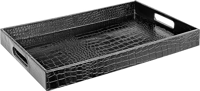 Black Leather Serving Tray with Handles, Glossy Faux Crocodile Print, 17.5x12 Food Drinks Tray fo... | Amazon (US)