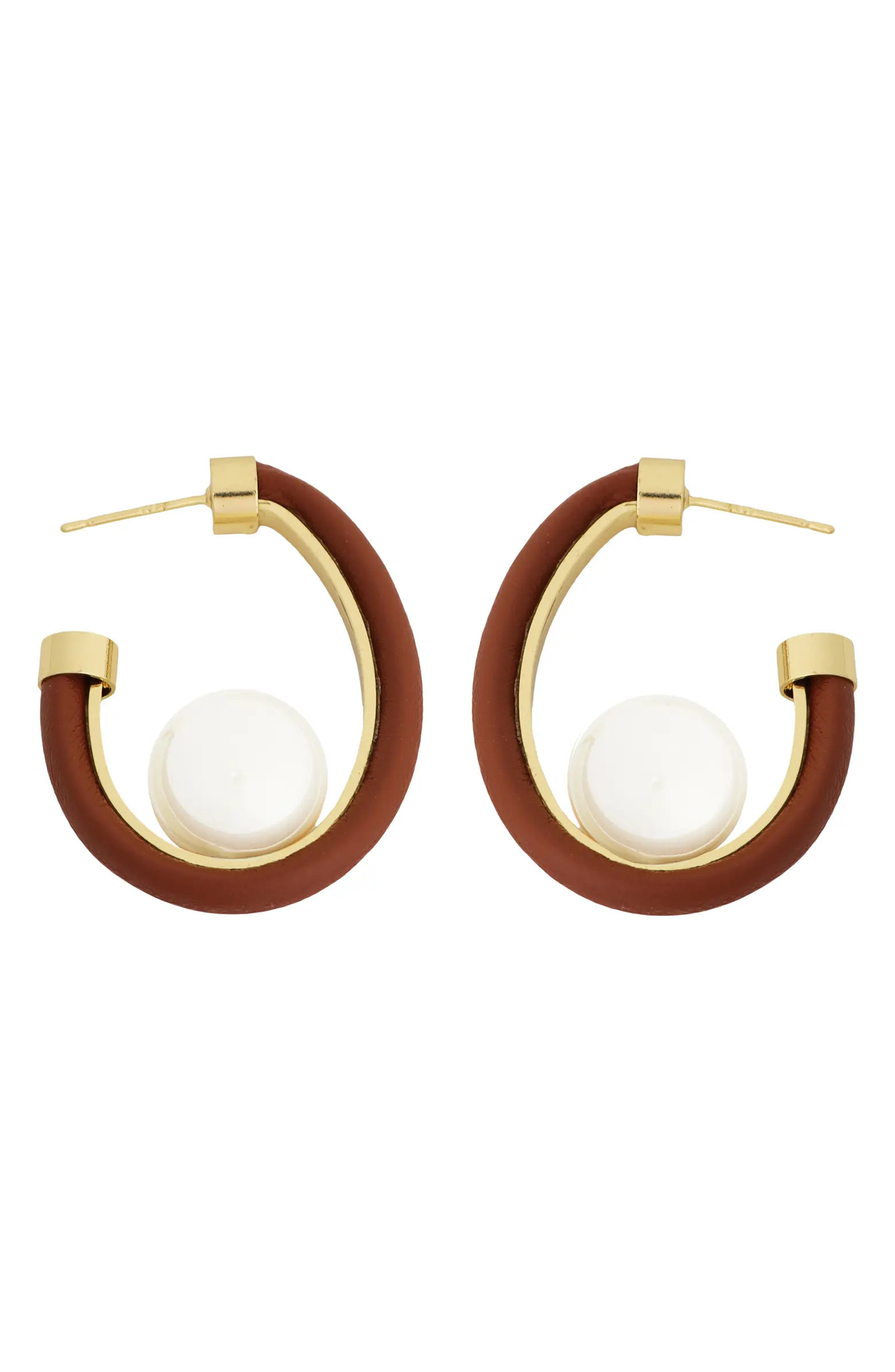 Leather Faux Pearl Hoop Earrings | Nordstrom