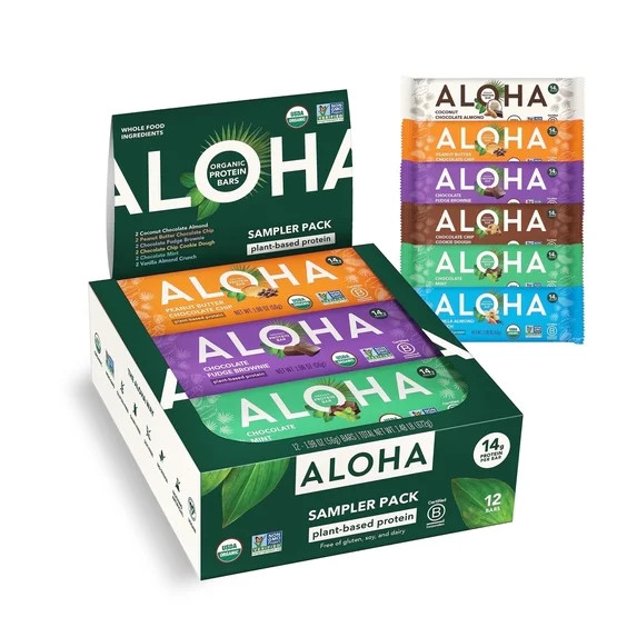 ALOHA Plant Based Protein Bars, 6 Flavor Sampler, 14g Protein (Pack of 12) | Walmart (US)