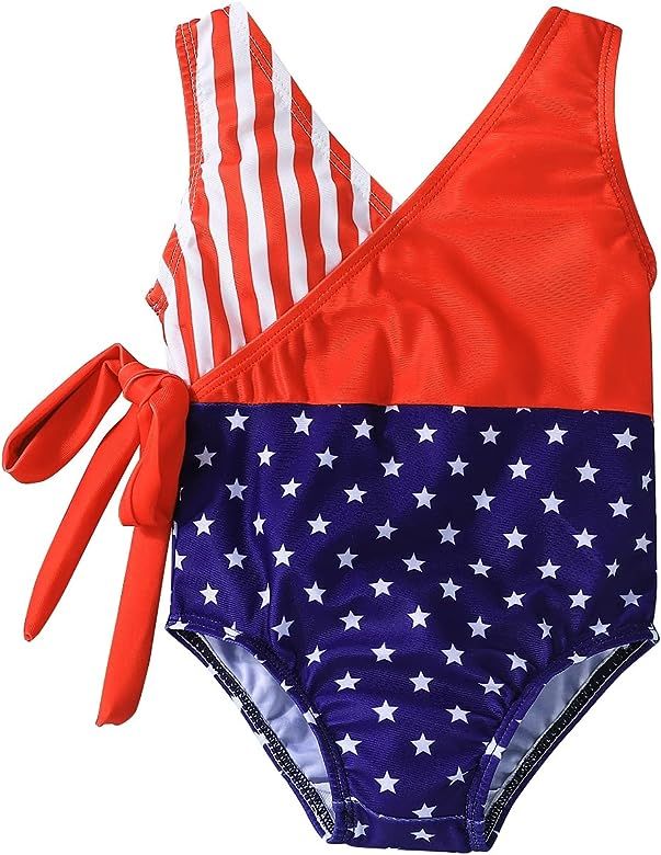 Noubeau 4th of July Toddler Girl One Piece Swimsuit Color Block Tie Side Swimwear Star Stripe Bathin | Amazon (US)