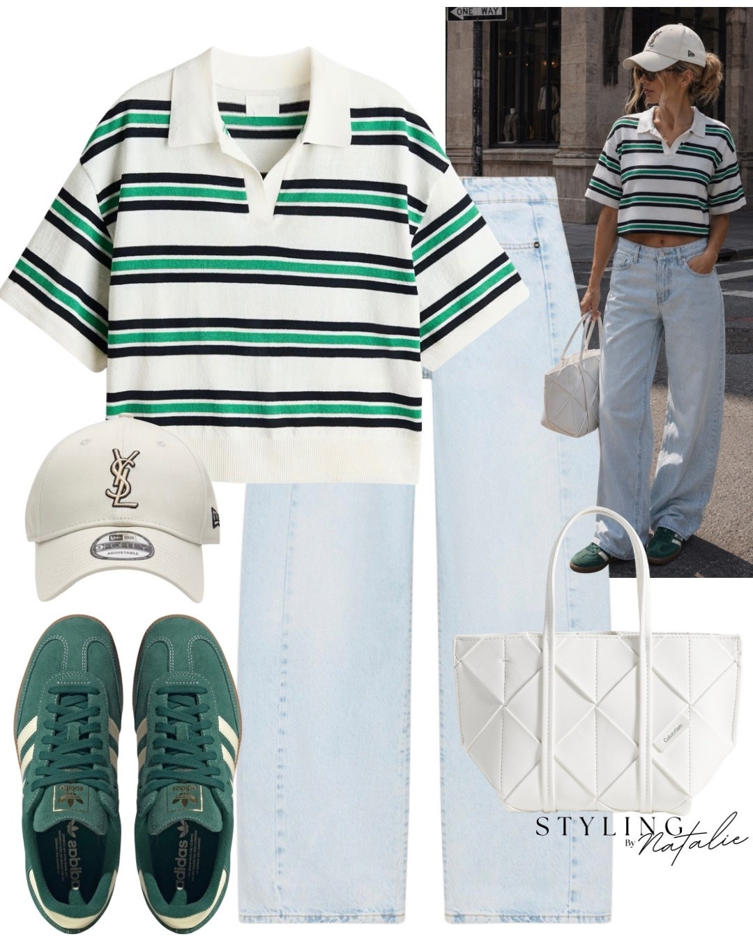 Stripe crop polo top, light wash wide leg jeans, green adidas samba trainers, YSL cap and white Calvin Kline tote bag. 

Casual everyday outfit, summer outfit, transitional style, sporty chic, preppy, sneakers look. @adidas 
@ASOS @Zara

#LTKuk #LTKeurope #LTKjeans