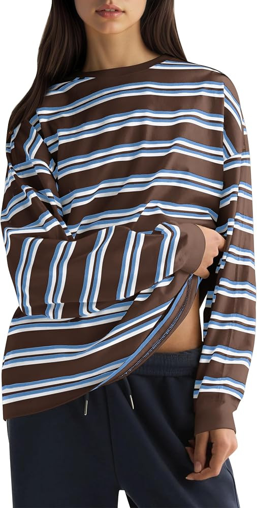 Burtell Women Oversized Striped Crew Neck Long Sleeve T Shirts Fall Tops | Amazon (US)