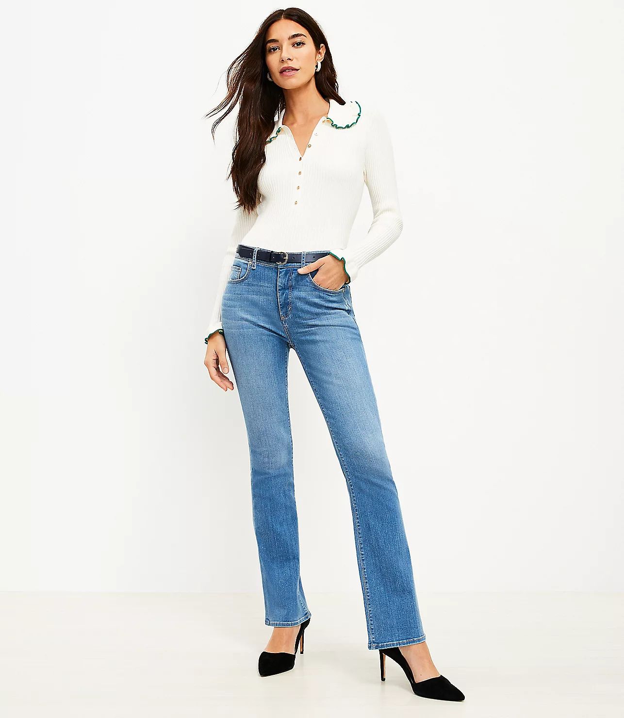 Mid Rise Boot Jeans in Classic Mid Stone Wash | LOFT