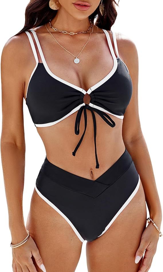 BMJL Women Bikini Sets V Cut High Waisted Bathing Suits Front Tie Knot Two Piece Swimsuit | Amazon (US)