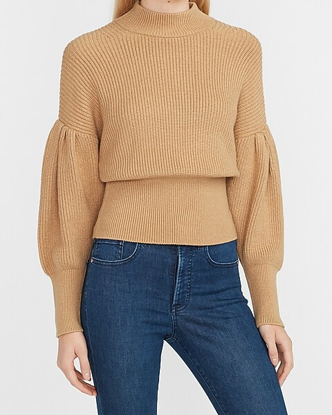 Ribbed Mock Neck Balloon Sleeve Sweater | Express