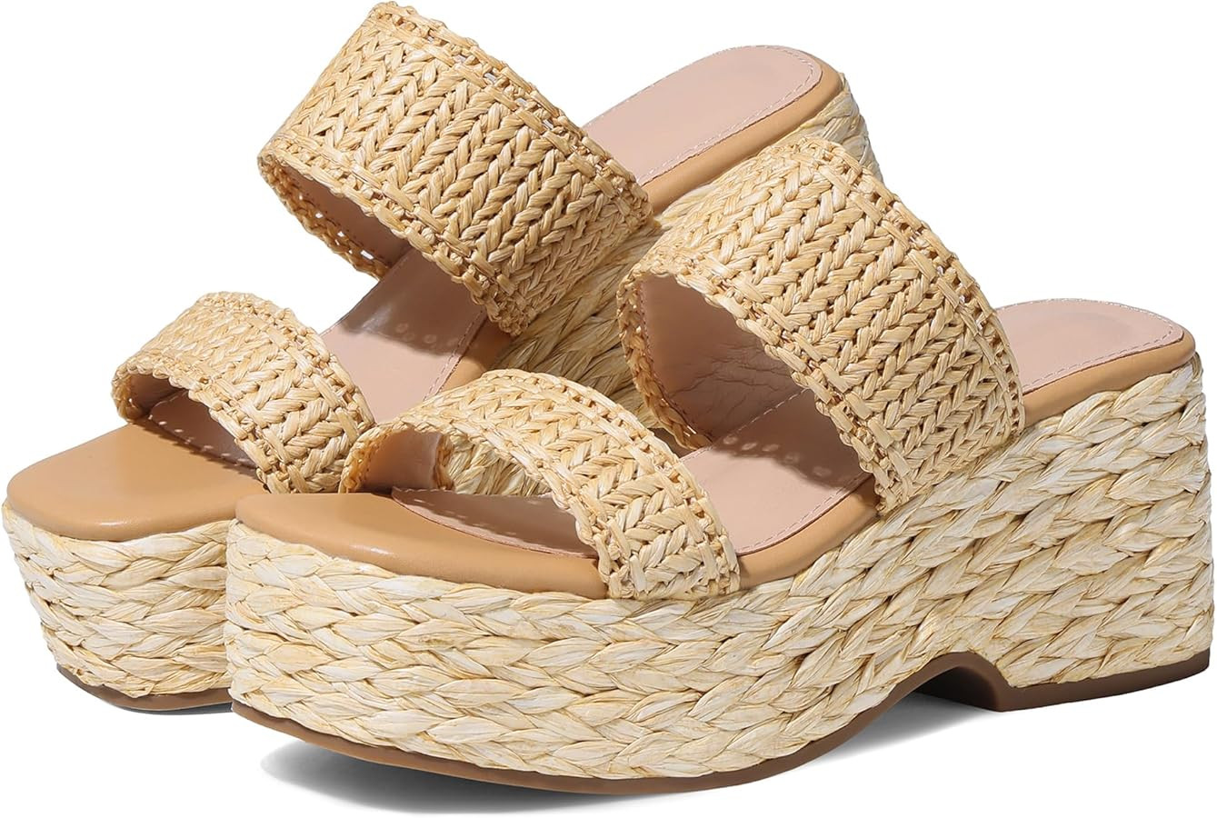 EQAUDES Womens Espadrilles Wedges Sandal Slides Summer Slip on Platform - Wedge, Raffia, Square T... | Amazon (US)