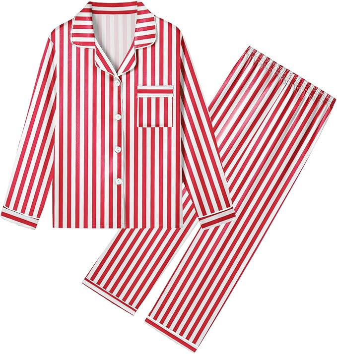 Umeyda Girls & Womens Satin Pajamas Set, 2 Pieces Silky Pjs Long Sleeve + Pants Sleepwear for Mom... | Amazon (US)
