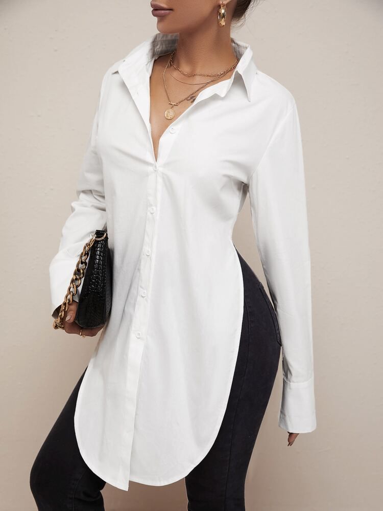 Curved Hem Solid Blouse | SHEIN