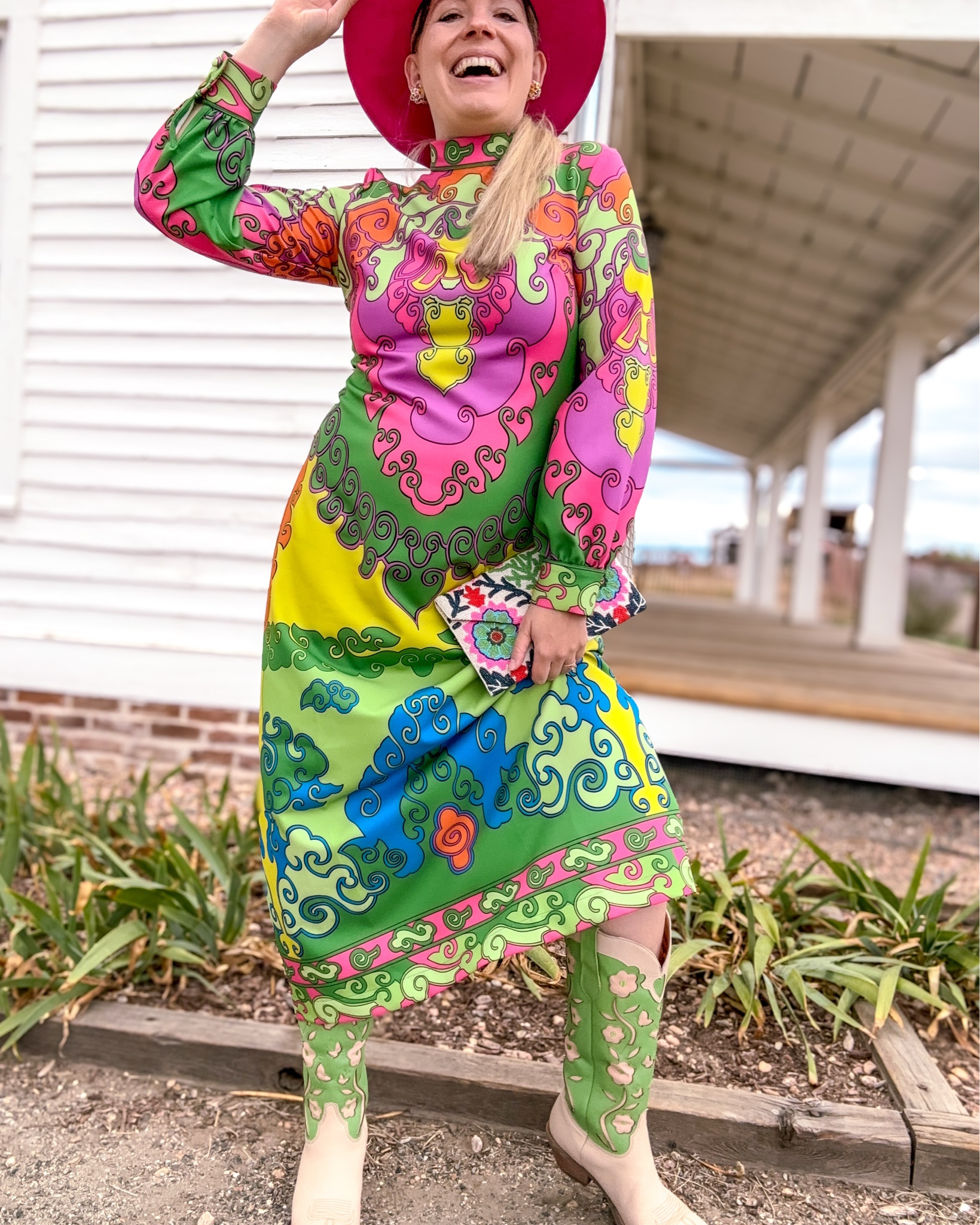 Look 7 - Desert Dust 🌵 
A curated style series

You might recognize this dress from one of my Main Street Muse outfits - but this time, I’ve styled it for an adventure in the Wild West! ✨ 🌵 The bright colors and psychedelic motif feel right at home here; to me, they capture that eclectic mix of influences that have defined Denver throughout time: This look is inspired by the collision of rock ’n’ roll with classic Western style and these motifs’ impact on my own personal style.

You can shop these exact pieces and see all the details over on my LTK! ✨

The Desert Dust capsule is my playful take on the Wild West—mixing heritage details, vibrant color, and my own preppy vibes. Each capsule I create is a curated mini-collection built around a theme, letting me explore new ways to restyle favorites and celebrate timeless pieces through fresh lenses.

Dress - Boo Pala (linked)
Boots - Dingo (similar linked)
Hat - Hats n Roses (linked)
Earrings & Ring - Oscar de la Renta
Bag - Ricki Designs (similar linked)
Bracelet - Rocksbox (similar linked)

#DesertDustCapsule #WesternInspired #RocknRollStyle #CapsuleWardrobe #LTKStyle #denverfashionblogger 

#LTKSeasonal #LTKShoeCrush #LTKTall