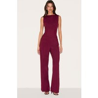 Burgundy Structured Woven Open Back Detail Straight Leg Jumpsuit | PrettyLittleThing US
