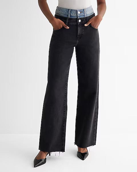 Super High Waisted Double Waistband Black Wide Leg Jeans | Express