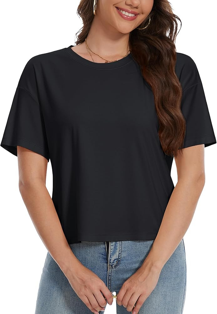 YUCOLEN Women's Crop Tops Summer Short Sleeve Cotton UPF 50+ Round Neck Casual Loose Cropped T-Sh... | Amazon (US)