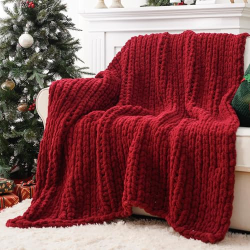 Battilo Chunky Knit Throw Blanket, Soft and Thick Red Chenille Throw Blanket, 50"x60" Handmade Cable Knit Crochet Blanket, Cozy Rope Knot Knitted Blanket Christams Red Blankets for Couch Home Decor | Amazon (US)
