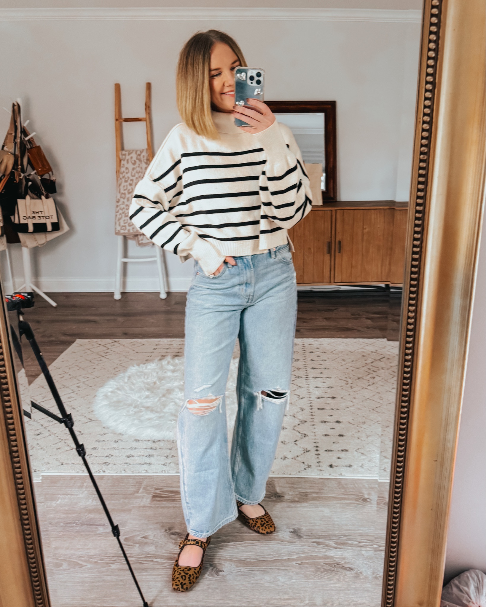 Casual everyday outfit 
Striped crap sweater medium 
Distressed barrel jeans TTS 
Leopard ballet flats TTS

#LTKStyleTip #LTKOver40 #LTKSeasonal