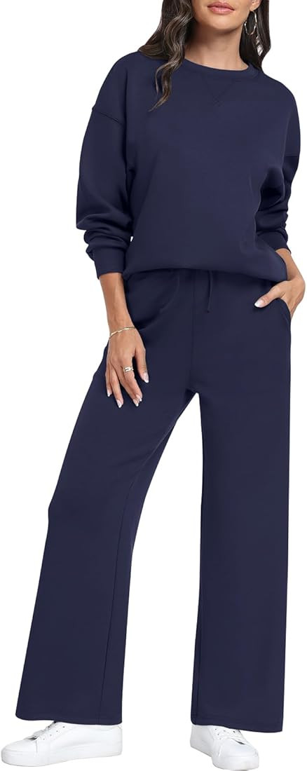 Caracilia Women's Two Piece Outfits Sweat Set Oversized Crewneck Sweatsuit Wide Leg Sweatpants Lo... | Amazon (US)