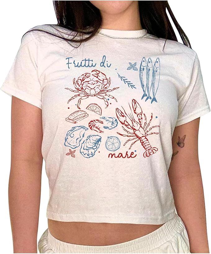 Frutti Di Mare Baby Tee - Italian Seafood Shirt, Fisherman Aesthetic Top, Summer Coastal Baby Tee... | Amazon (US)