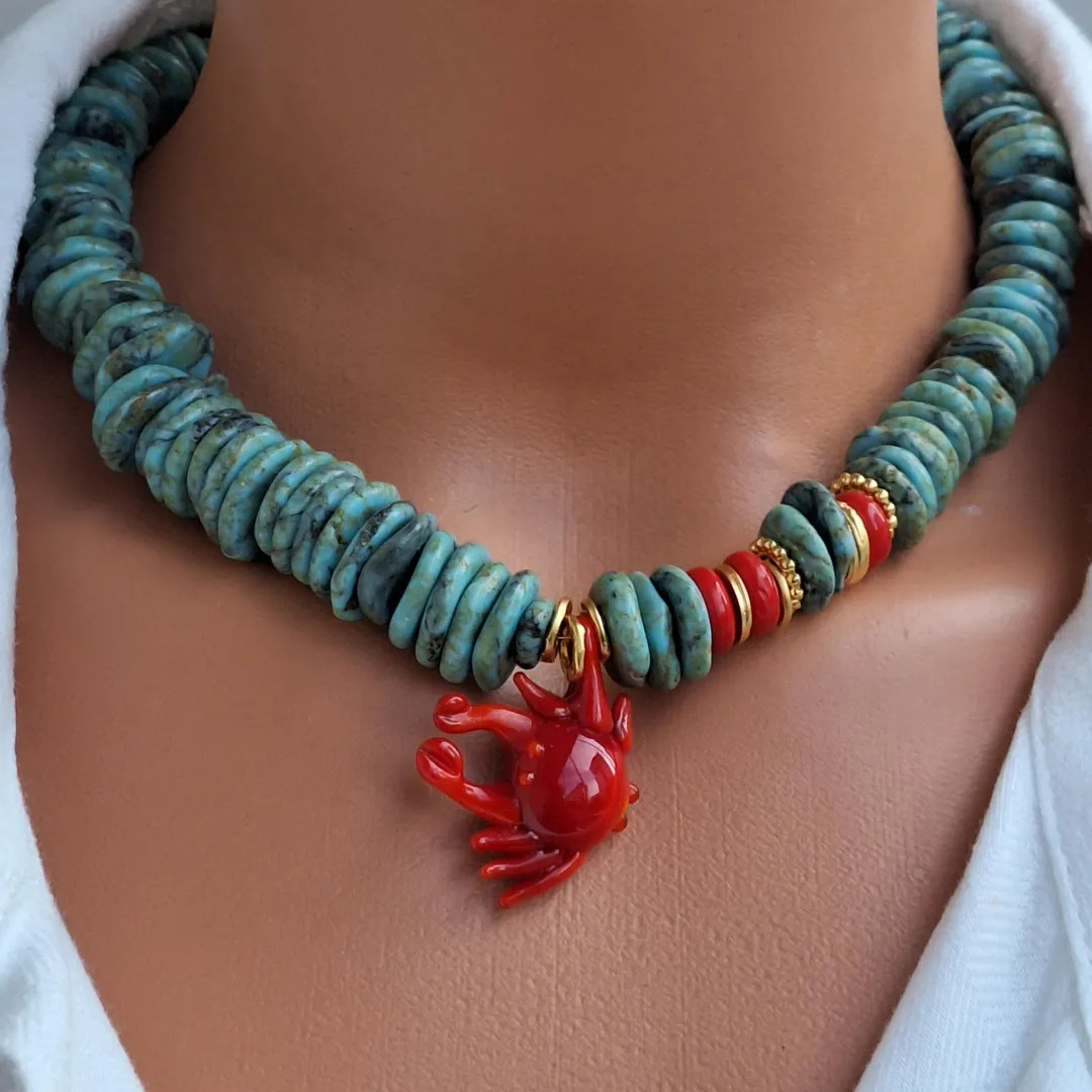 Turquoise Necklace, Handmade Red Glass Crab Charm, Chunky Gemstone Jewelry | Etsy (Global)