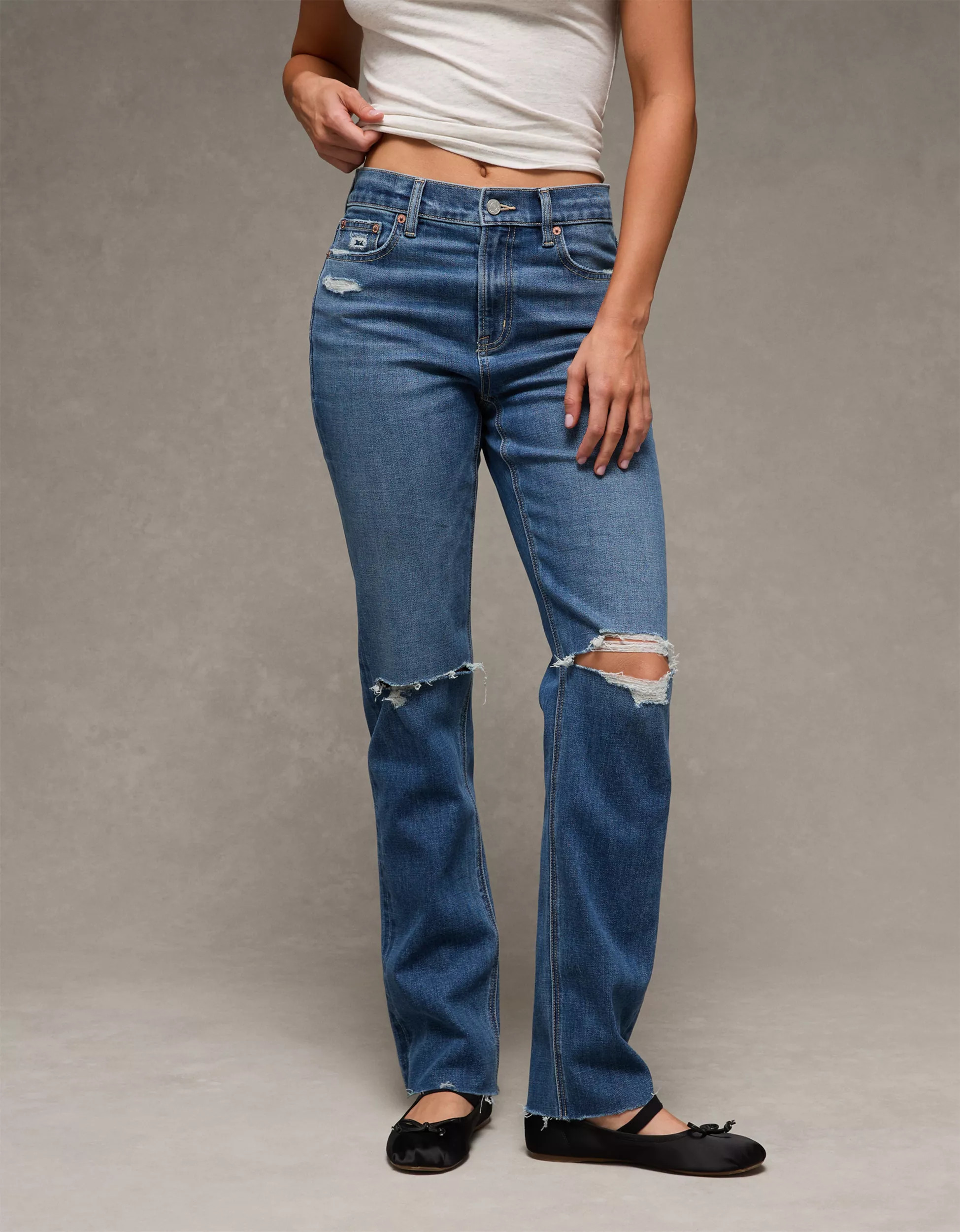 AE Stretch Ripped Super High-Waisted Straight Jean | American Eagle Outfitters (US & CA)