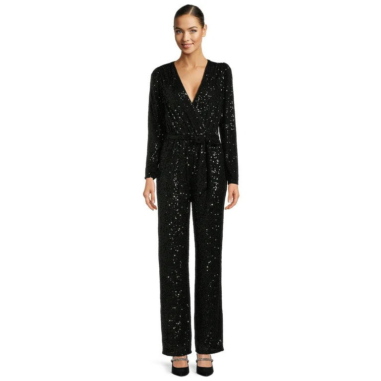 BCBG Paris Women's Sequined Surplice Jumpsuit with Belt - Walmart.com | Walmart (US)