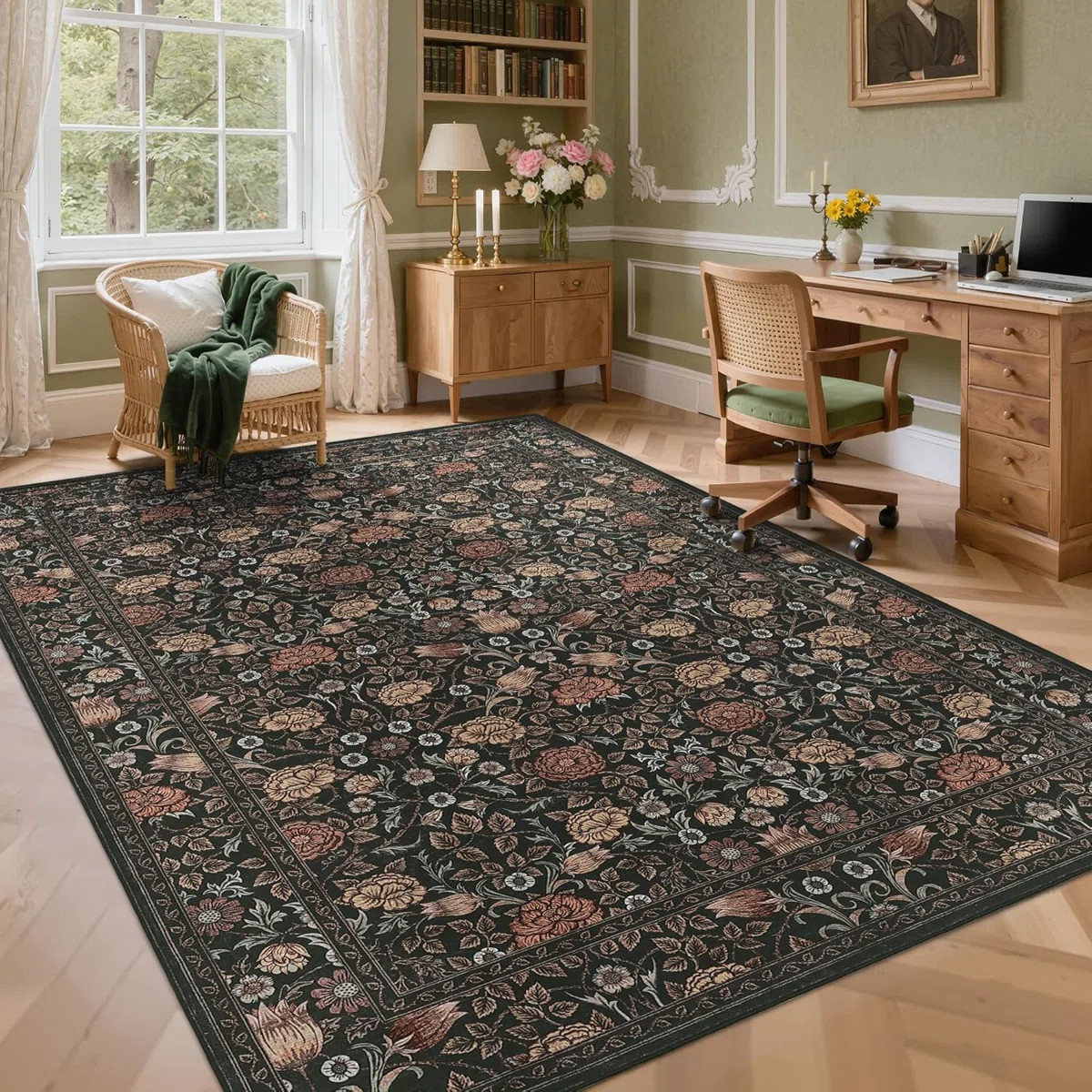 Brown Vintage Floral Washable Rugs 5x7 Black Boho Botanical Retro Rug Low Pile Stain Resistance N... | Wayfair North America