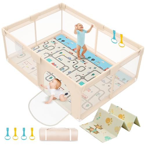 Baby Playpen with Mat 79x71inch - Extra Large Play Pen for Babies and Toddlers Indoor & Outdoor Baby Playard with Soft Breathable Mesh Cover - Sturdy Foam Infant Gate Playpen(Apricot) | Amazon (US)