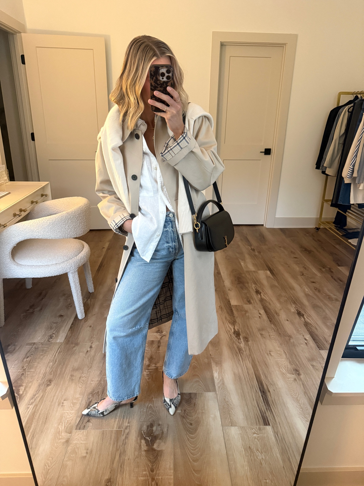 Wearing 24 jeans, small linen shirt, small sweater, small coat, heels tts 

#LTKgrwm #LTKootd #LTKOver40