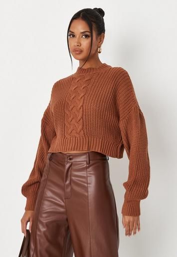 Missguided - Camel Cable Knit Cropped Sweater | Missguided (US & CA)