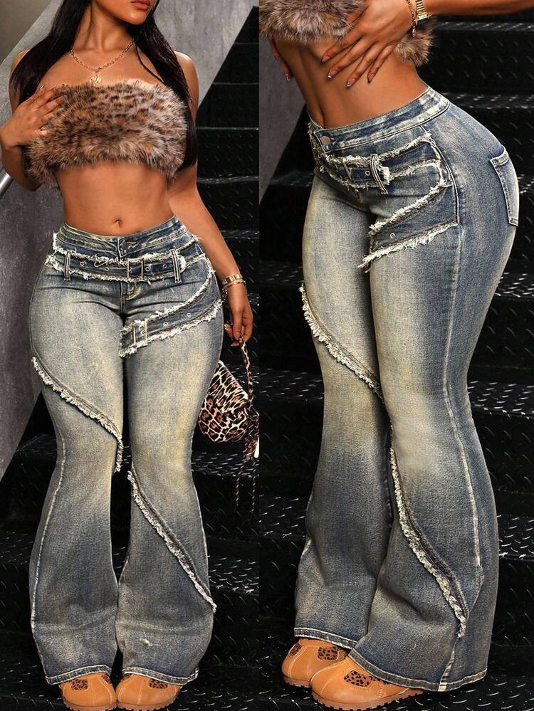 Jeanoix Plus Size Women Adjustable Buckle Design Frayed Hem Flare Jeans | SHEIN