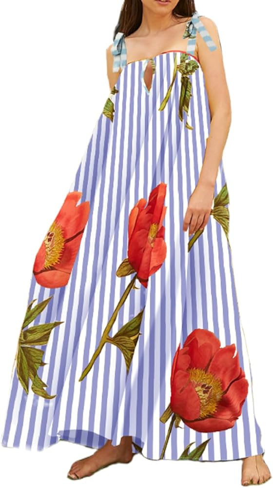 Women Summer Boho Tie Shoulder Dress Y2k Floral Smocked Flowy Long Dress Ruffle Tiered Beach Voca... | Amazon (US)