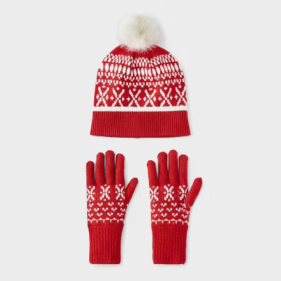 Fair Isle Pattern Beanie & Gloves 2pc Set - Universal Thread™ Red | Target